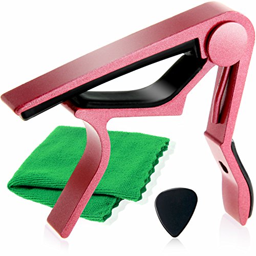 Phoenix ワンタッチ ギター カポ タスト 【 type R 】 お手入れ用 ファイバークロス 0.71㎜ ティアドロップ タイプ ピック 安心安全メーカー保証書 4点セット！フォーク エレキ クラシック アコースティック 桃 ピンク ~ Fairy Rose ~