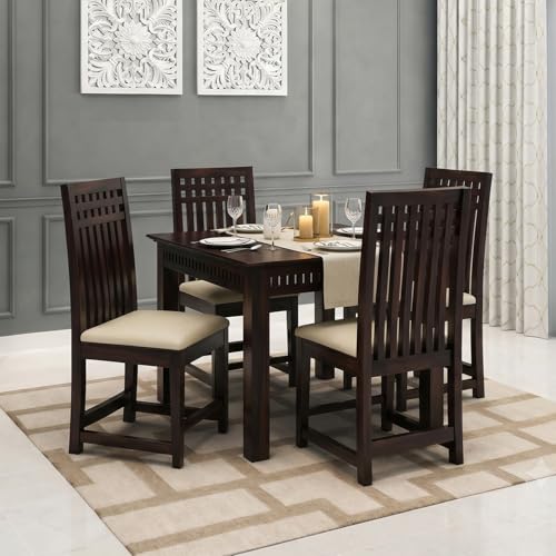 Image of Solid Wood 4 Seater Dining Table Set with Cushioned Chairs | Square Dining Table Set of 4 for Dining Room, Home, Kitchen, Office, Hotels & Restaurants | Walnut Finish