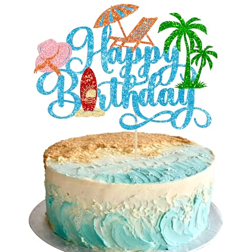 Gyufise 1Pcs Summer Beach Happy Birthday Cake Topper Glitter Ball Tree Umbrella Pool Cake Pick for Hawaiian Holiday Baby Shower Birthday Party Cake Decorations Supplies Blue