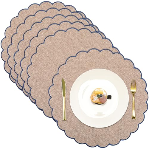 Gandeer 6 Pack Round Cotton Scalloped Placemats, Flaxen/Blue, Classic