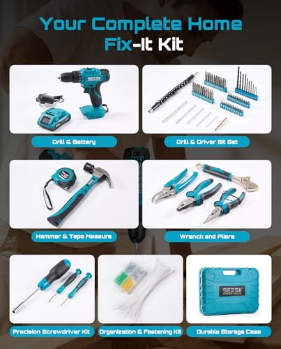 Seesii 21V Cordless Drill Tool Kit - 190Pcs Power Tool Combo Set, Hand Tool Kit with Toolbox, Electric Drill Driver for Home Hand Repair DIY