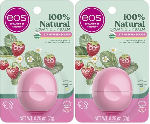 eos 100% Natural & Organic Lip Balm- Strawberry Sorbet, All-Day Moisture, Dermatologist Recommended for Sensitive Skin, Lip Care Products, 0.25 oz (Pack of 2)