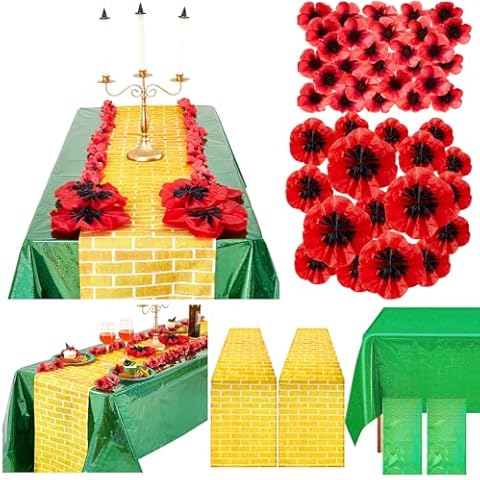 FineCheer 96 Pcs Witch Party Decoration Green Include Holographic Tablecloth and Gold Yellow Brick Table Runner with Artificial Red Poppy Flowers for Witch and Princess Party Supply (Yellow Brick) Cover