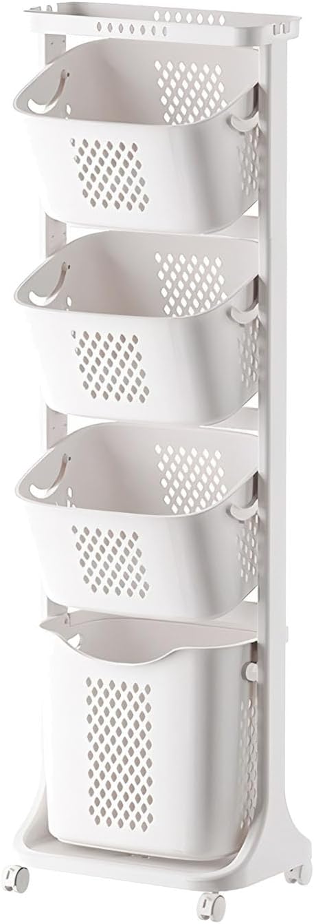 4-Tier Vertical Laundry Basket with Wheels, Tiered Laundry Organizers and Storage with Removable Basket, Vertical Rolling Laundry Hampers for Laundry Room, Dorm, Bathroom, White