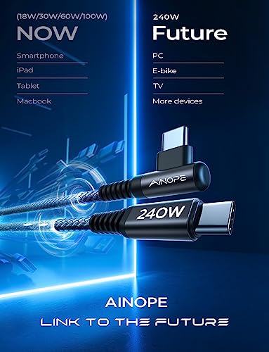 Image of AINOPE 240W USB C to USB C Cable (6.6ft 2Pack) USB C to USB C Fast Charging Cable, Right Angle USB C Charger Cable for iPhone16 Charger Cord, MacBook Pro, iPad Pro /Air,Samsung,Black