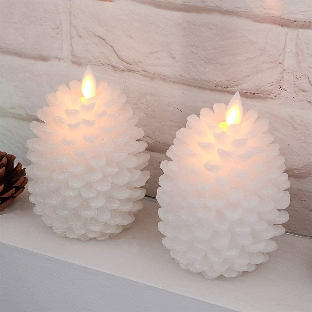 Wondise Pine Cone Flameless Flickering Candles with Remote and Timer, Set of 2 Battery Operated LED Moving Wick Real Wax Christmas Home Decoration Candle(3.5 x 4.7 Inches, White)