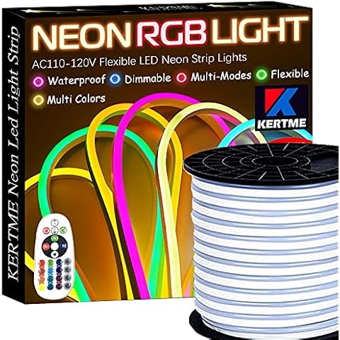 KERTME Neon Led Type AC 110-120V LED NEON Light Strip, Flexible/Waterproof/Dimmable/Multi-Colors/Multi-Modes LED Rope Light + 24 Keys Remote for Home/Garden/Building Decoration (65.6ft/20m, RGB) Cover