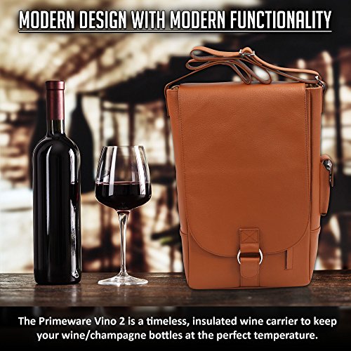 Primeware Vino2 Two Bottles Saddle Leather Wine Tote Messenger Carrier (Brown) #TOP2