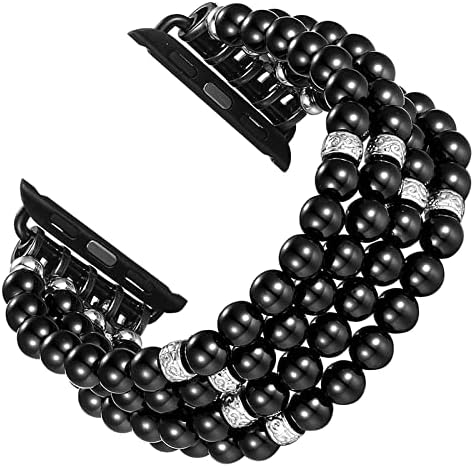 fastgo Compatible With Apple Watch Bands 38mm 40mm 41mm Women, Elastic Pearl Beaded Bracelet Replacement Strap Women Girls for IWatch SE& Series Ultra 8/7/ 6/5/4/3/2/1(Black - 38/40/41mm)