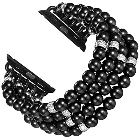 fastgo Bracelet Compatible with Apple Watch Bands 42mm 44mm 45mm 49mm, Dressy Handmade Beaded Elastic Stretch Pearl Replacement Strap Women for IWatch SE& Series 9 Ultra 8/7/ 6/5/4/3/2/1 (Black) Cover