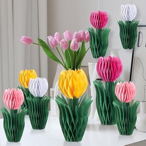 Balun Admhail 8PCS Flower Honeycomb Decoration Tulip Party Decor Tulip Honeycomb Centerpieces Decoration Pink Yellow Summer Flower Decorations for Home Office Cover