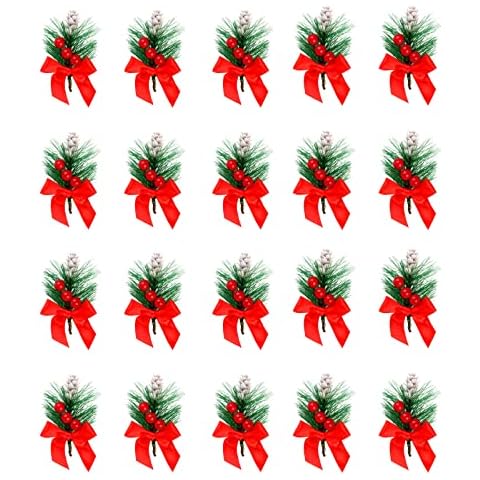 Fofetbfo 20 PCS Red Berry Pinecones Pine Needles Stems Picks, 3.1 Inch Artificial Christmas Picks with Red Bow, Christmas Winter Holiday Floral Picks for Xmas Garland Wrap DIY Crafts Cover