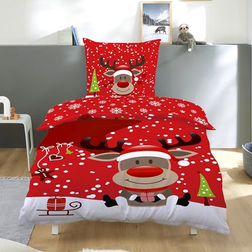Weihnachts Bettwäsche rot mit Rentier Motiv Set 2-teilig - Decken-...