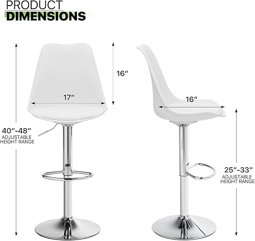 Miniatura 3 de Magshion Juego de 2 taburete giratorio de plástico con respaldo alto con almohadilla de asiento de cuero PU Chrome Air Lift w/reposapiés multicolor