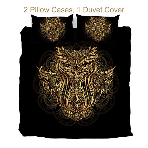 Sleepwish Duvet Cover Owl Pattern Bedding Set Black And Gold For Boho Boys Men 3 Pieces Zipper Closure Corner Ties (King) #TOP1