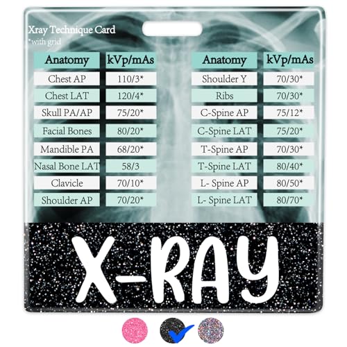 Plifal X-RAY Tech Referenzkarte mit Badge Buddy – Horizontale Anatomie und KVP-Karte, Spickzettel, schwarz, Radiologie-Technik, Arbeitszubehör