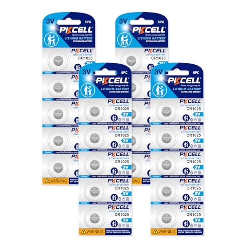 PKCELL CR 1025 Battery CR1025 3V Lithium Battery 20 Count 5-Year Shelf Life