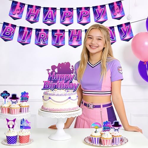 Creekrock 26Pcs Kpop Cake Decorations with 1 Cake Topper, 24 Cupcake Toppers, 1 Birthday Banner for Kids Girls K pop Theme Birthday Party Decoration - 4