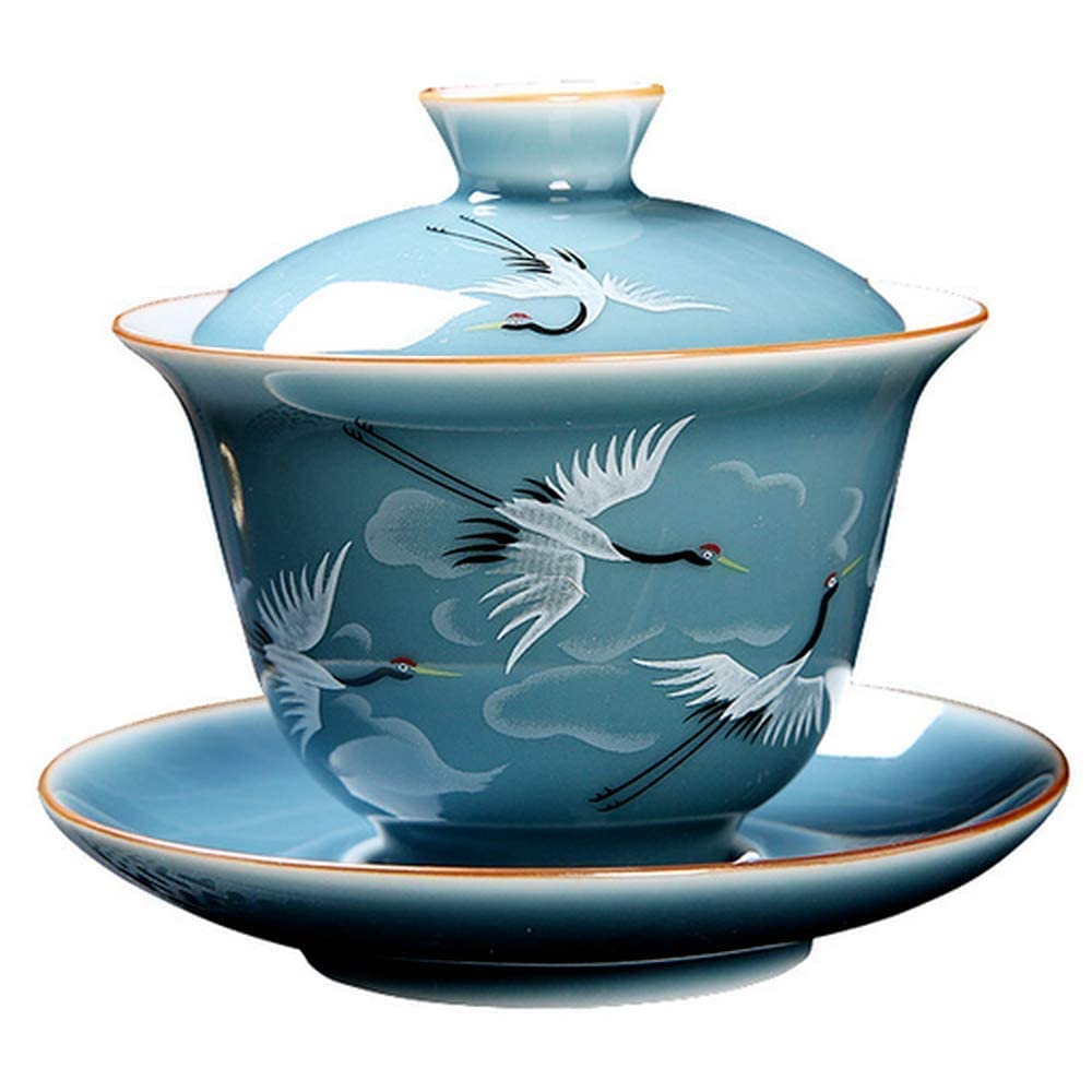 Ecoodisk Porcelain Gai Wan 5oz /150ml Chinese Ceramic Hand Painted Crane Gai Wan Tea Set Teapot Tea Cup Cup Saucer Set