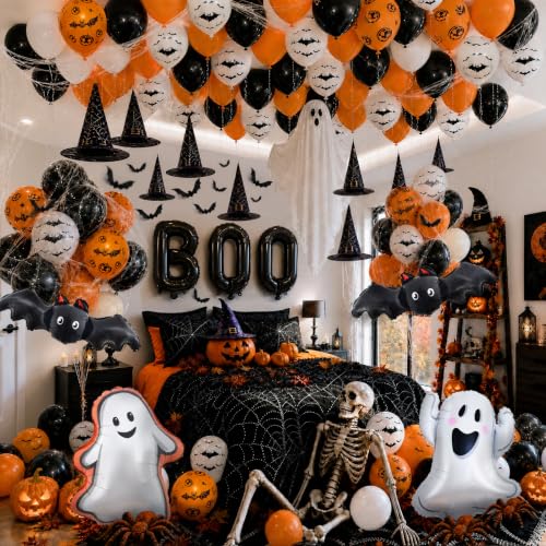 Halloween Balloon Arch with Bat Ghost Boo Foil Balloons 3D Bats Spider Web