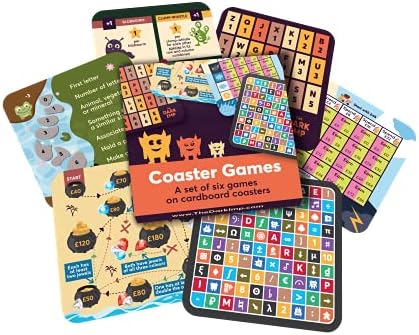 Pocket pack of 6 coaster games. Family travel games for holiday, car, train, plane. Compact strategy board games for camping & rainy days. Stocking filler & party bag gifts kids, teens, family, adults
