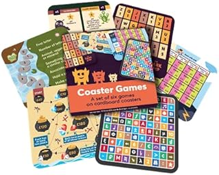 Pocket pack of 6 coaster games. Family travel games for holiday, car, train, plane. Compact strategy board games for camping & rainy days. Stocking filler & party bag gifts kids, teens, family, adults