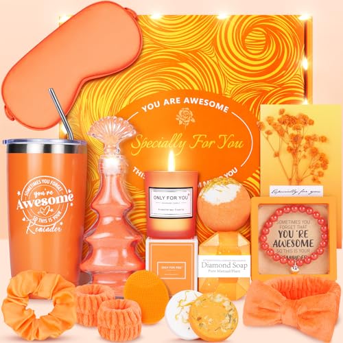 Birthday Gifts for Women, 15PCS Care Package for Women, Orange Relaxing Self Care Gifts Get Well Gifts for Women, Unique Birthday Gifts Mothers Day Gifts Idea for Mom Her, Best Friend Gifts for Women