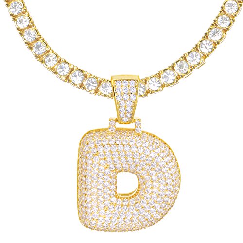 metaltree98 24" Tennis Chain A - Z Initial Bubble Letter 14K Gold Plated Iced CZ Pendant 24" Necklace (D)