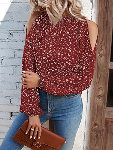 Verdusa Women's Cold Shoulder Bishop Sleeve Floral Print Blouse Shirt Top Burgundy L #TOP2