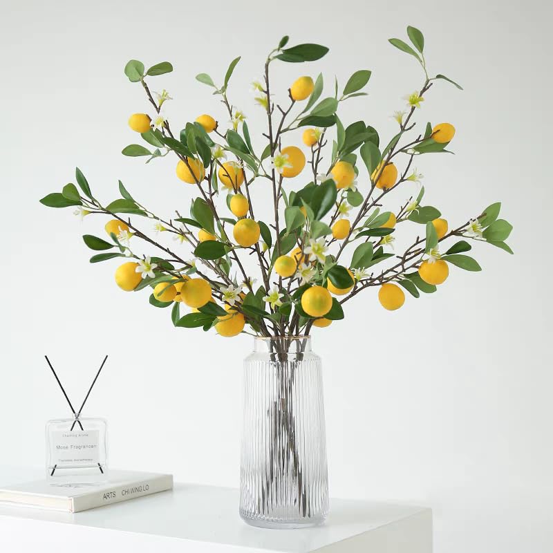 BFYDOAA 3pcs Artificial Lemon Branch 80cm Long Stem Yellow Lemons Picks with Green Leaves and Flowers, for Home Kitchen Farmhouse Table Centerpiece