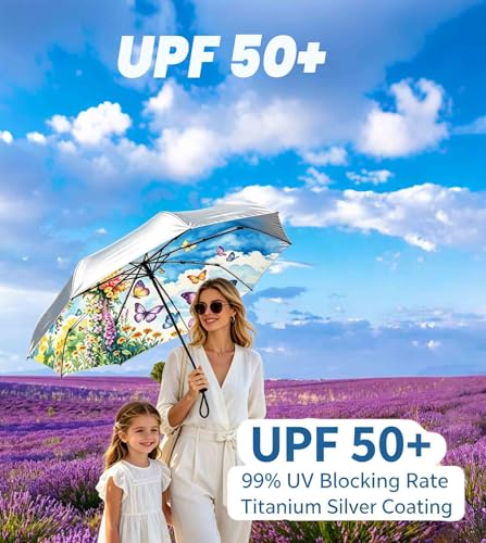 Image of SIEPASA Compact Travel Umbrella - Windproof Auto Open /Close, Small Folding Umbrella for Rain & Sun with UPF50+ - Lightweight Frame, Waterproof - Fits Backpack, Purse, Suitcase.(Silver /Butterfly)