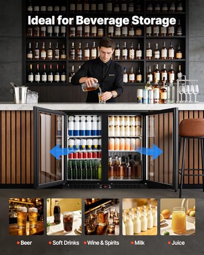 Image of VEVOR Back Bar Cooler, 7.4 Cu. Ft Commercial Beverage Refrigerator, Under Counter Bar Fridge with 2 Glass Doors, LED Lighting, Shelves, Low-E Glass Display Cooler for Beer, Soda, Wine, Drinks