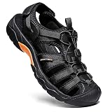 Herren Damen Leder Sandalen Strand Trekkingsandalen Outdoorsandalen Sommer Wandersandale Männer Atmungsaktive geschlossene Sandale Größe 38-46 Schwarz 47 EU