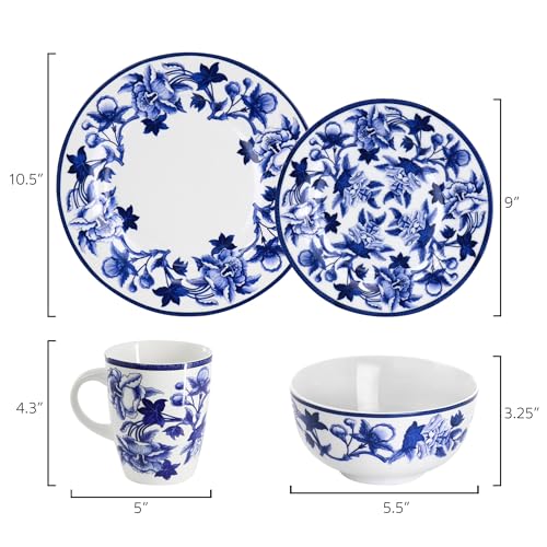 Elama Cattleya Orchid Design 16 Piece Round Porcelain Dinnerware Set in Blue and White, Tableware Set, Service for 4 by Elama - Image 7