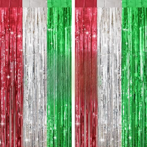 G2PLUS Cortinas de Franjas Metálicas: 2PCS 1m x 2m, Decoraciones de Fiesta Navideñas Rojas, Verdes y Plateadas, Oropel Franjas Decoración