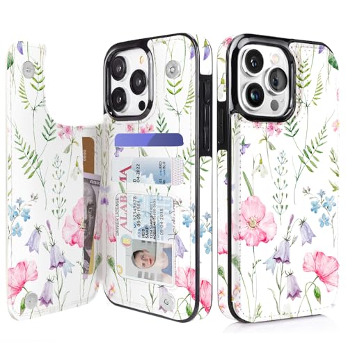 uCOLOR for iPhone 15 Pro Wallet Case with Card Holder Pink Flowers