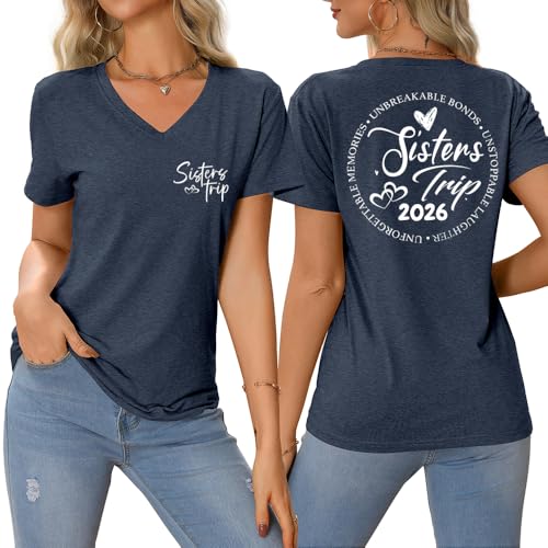 PIYEWO Sisters Trip Tshirts 2026, Girls Trip V Neck Tops for Women Holiday Travel Short Sleeve Casual Loose Fit Graphic Tees Navy