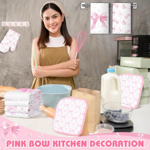 Teenyyou 8 Pcs Pink Bows Kitchen Towels Pot Holders and Oven Mitt Set Coquette Kitchen Accessories 4 Dish Towels 2 Absorbent Square Potholders 2 Heat Resistant Glove for Cooking Baking Home Gifting by Teenyyou - Image 6