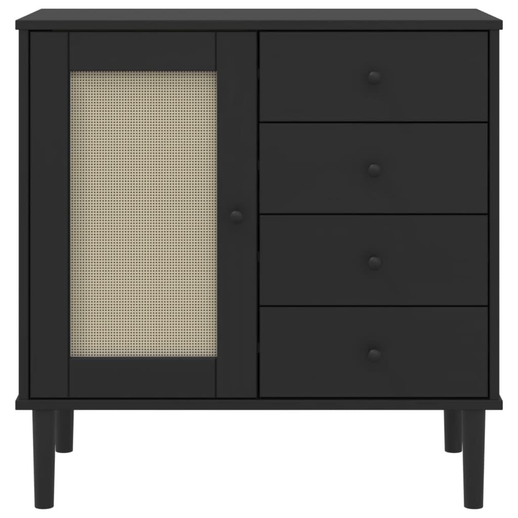 Buffet aspect rotin noir 80 x 40 x 80 cm en pin massif pour décoration d'intérieur moderne