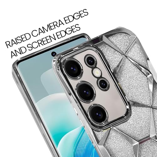 Image of VONZEE Gradient Glitter Case for Samsung S25 Ultra, Luxury Electroplated 3D Cube, Diamond Bling Shiny Soft TPU Clear Shockproof Women Girls Protective Phone Cover (Silver)