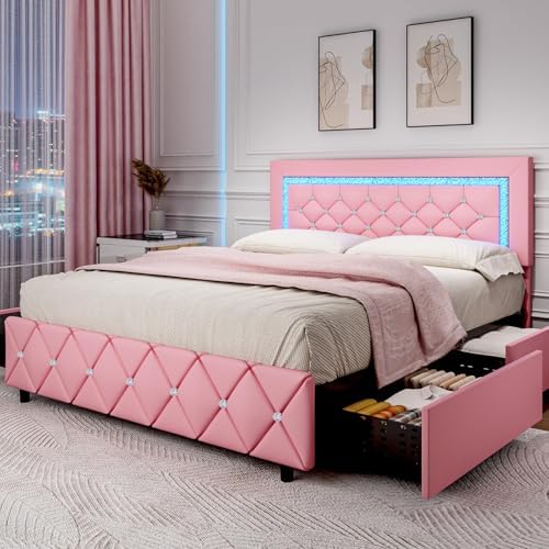 Queen Bed Frame with LED Lights, Upholstered Bed Frame with Storage Drawers