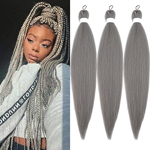 Grey Braiding Hair Pre Stretched Synthetic Hair for Braiding Micro Prestretched Braiding Hair 26 inch 3 Packs Long Itch Free Knotless Yaki Crochet Twist Box Braids Weave Braiding Hair Extensions