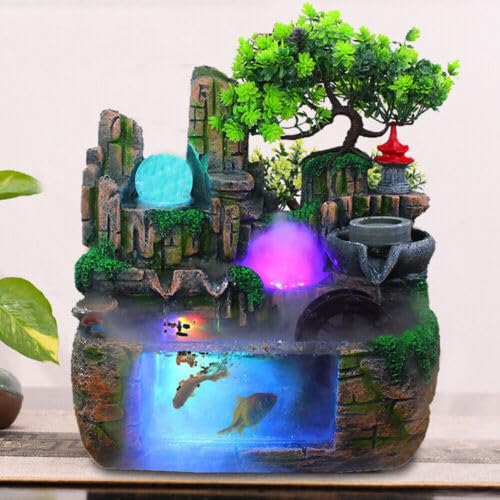 Fuente de habitación con plantas, 30 x 20 x 30 cm, fuente de mesa pequeña, fuente de jardín con iluminación LED, fuente de escritorio para decoración del hogar, vestíbulo, oficina, mesa de