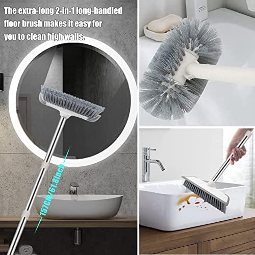 Clonynix Floor Scrub Brush with Squeegee, Floor Brush Scrubber with 62'' Firm and Long Handle, Shower Cleaning Brush for Bathroom, Patio, Kitchen, Tile, Wall and Deck-Extra All Purpose Scrub Brush
