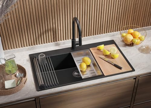 Évier d'angle 88x50cm lavabo cuisine 1 bac graphite avec kit de vidage complet