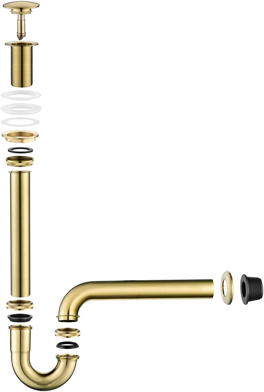 Bathroom Sink Stopper Bottle Trap, U-Shape 1-1/4 inch Slip Inlet Drain Complete Kit, Lavatory Sink Stopper Set NO Overflow, Brushed Gold, Pls Measure ur Sink Hole Size Before Order