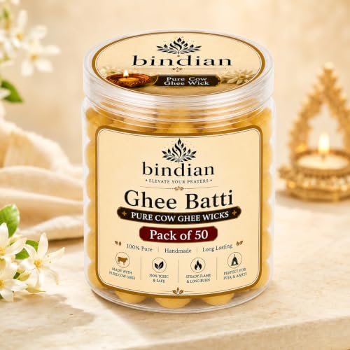 Image of Bindian Pure Cow Ghee Batti for Puja Pack of 50 Ready to Use | Handmade Cotton Ghee Wicks | Long Burning Diya Batti for Daily Puja, Aarti, Mandir, Temple, Diwali & Religious Ceremonies