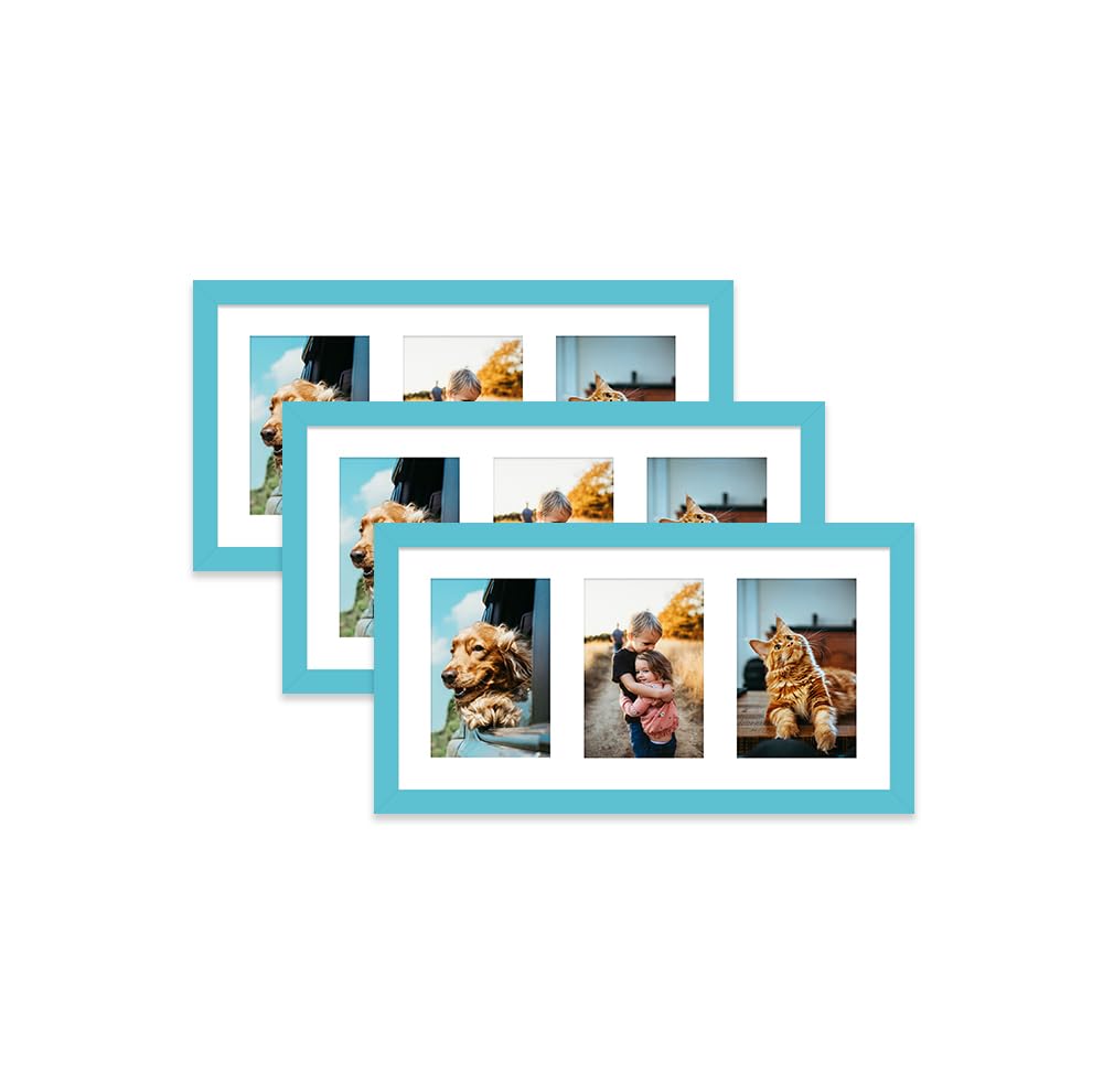 Turquoise Multi Photo Frame - Holds 3 x 6x4 Pictures, Family Collage Picture Frame for Wall Display, 8x16 Panoramic Frame Size, Set of 3