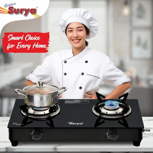 Image of Golden Surya 2 Burner Toughened Glass Gas Stove | Manual Ignition | ISI Certified | LPG Compatible | 18 Months Warranty