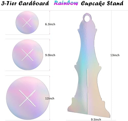 Miniatura 3 de MRPAPA Soporte redondo de cartón para cupcakes, paquete de 2, soporte de cupcakes de arco iris de varios niveles, perfecto para mujeres, niñas,